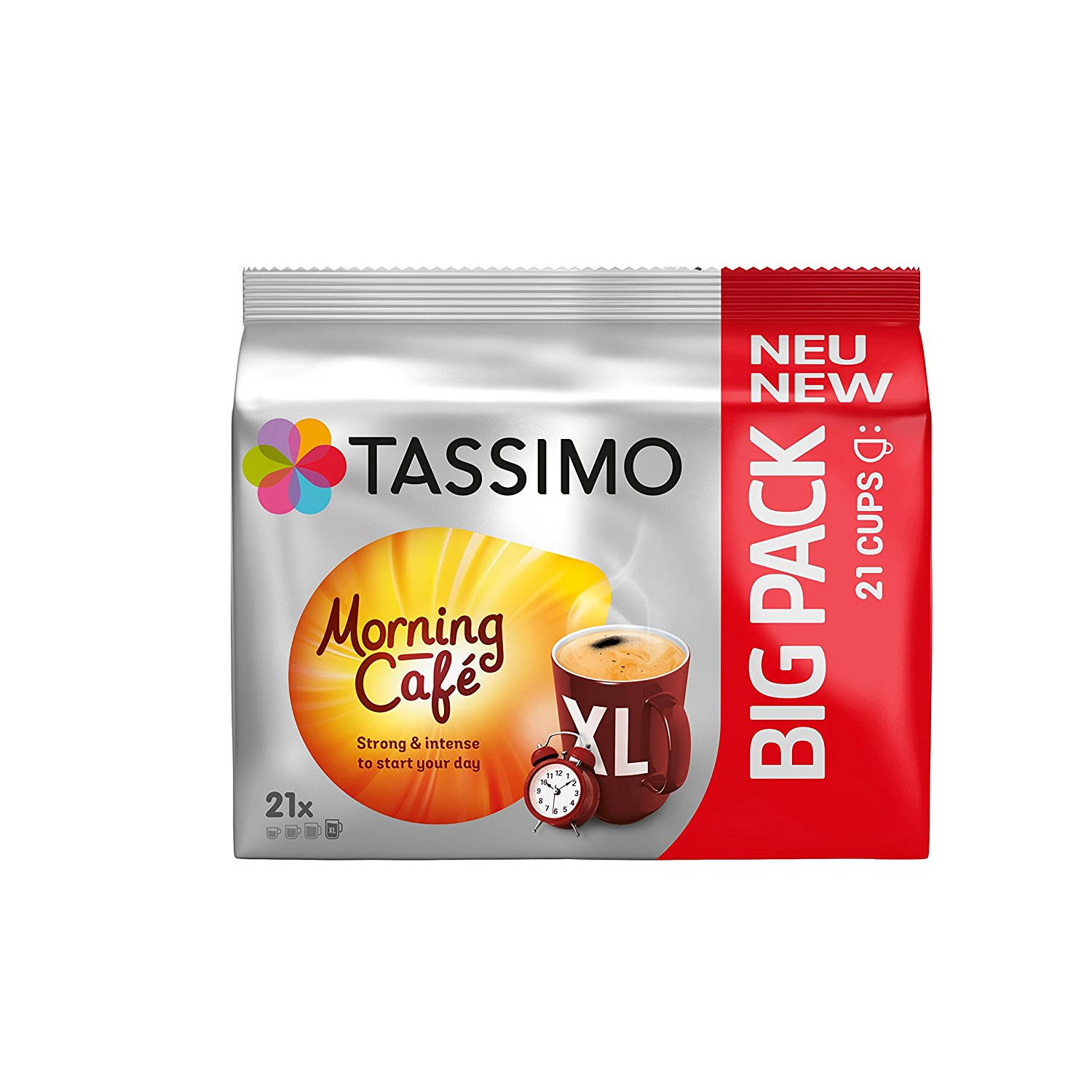 Tassimo-Kaffeepackung mit Tasse und Wecker. Rotes und weißes Design, Text 'BIG PACK'.