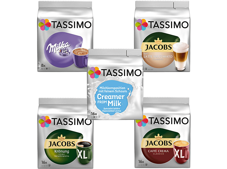 TASSIMO Creamy- Kaffee Paket Jacobs Krönung Crema Milka 5 Packungen 64 Portionen Kaffeekapseln (Tassimo Maschine (T-Disc System))