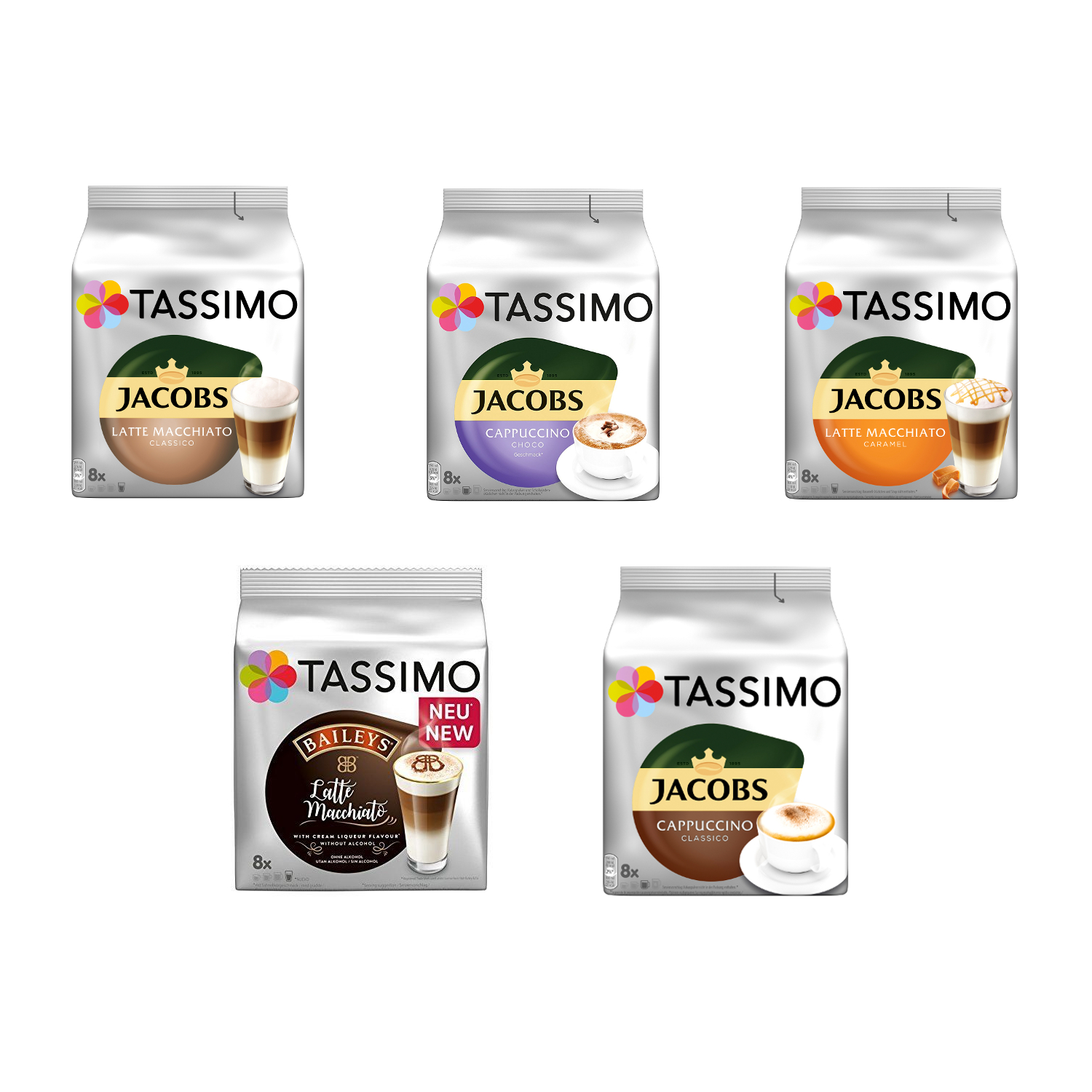 TASSIMO Vielfaltspaket T-Discs 5 Kaffeekapseln Maschine 40 (T-Disc Getränke (Tassimo Range Milk System)) Sorten