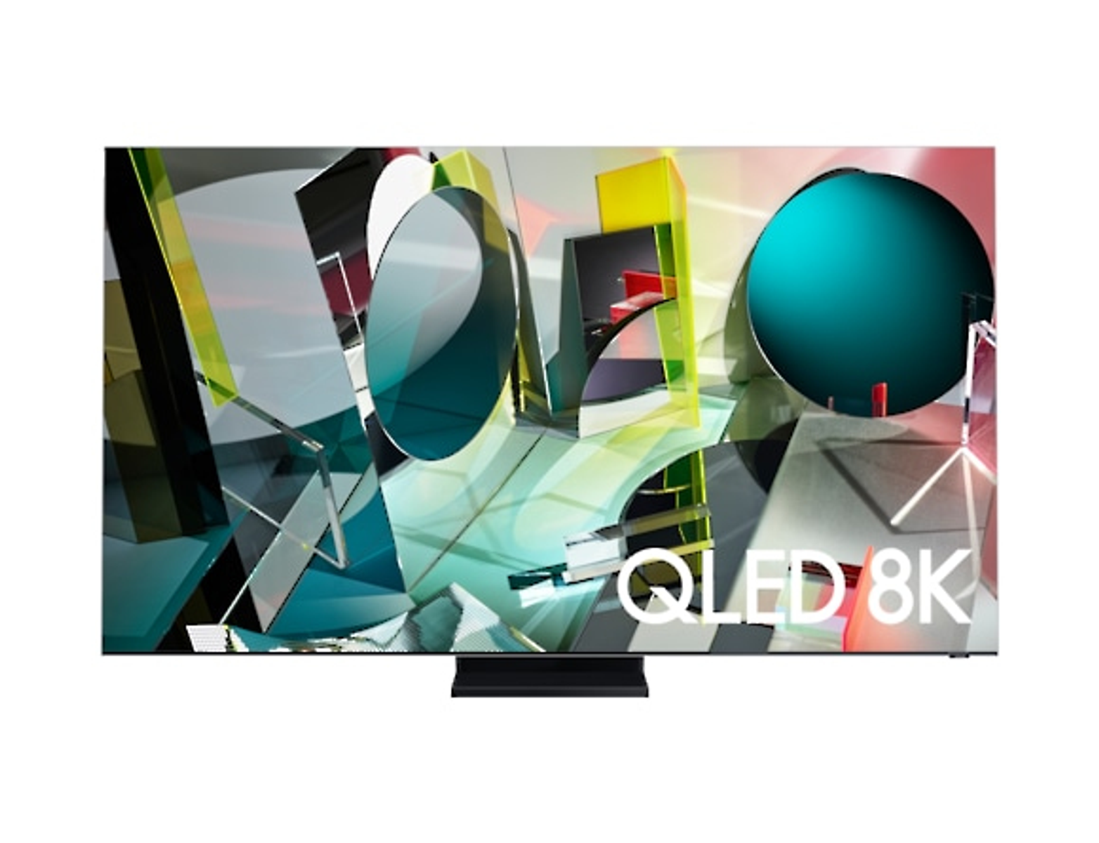 Una gran pantalla de televisión que muestra una imagen abstracta y colorida. Las palabras 'QLED 8K' son visibles.