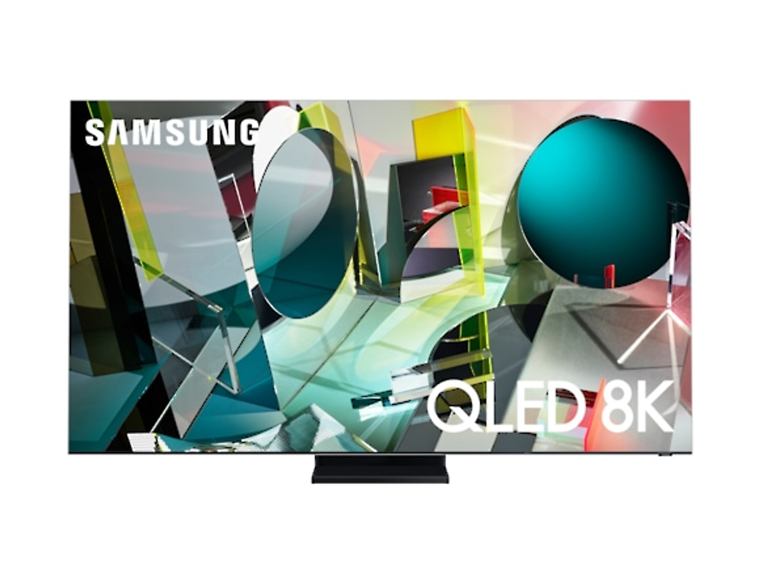 Un televisor Samsung QLED 8K grande con soporte, que muestra formas abstractas y coloridas en la pantalla.