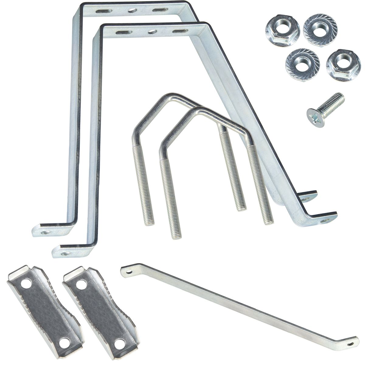 Metallhalterungen und Hardware auf Weiß. Enthält verschiedene Größen von L-förmigen Halterungen.