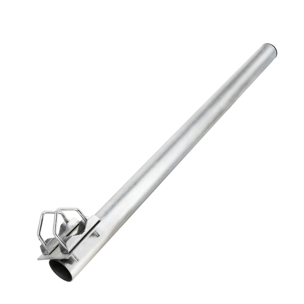 Silberne Metallstange mit einem Clip am Ende. Sie ist abgewinkelt und hat eine glatte Oberfläche.