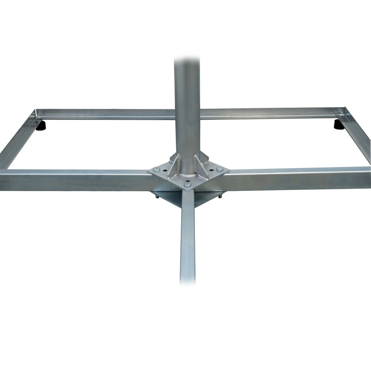 Ein Metallsockel mit Mittelpfosten. Es hat einen quadratischen Rahmen und vier schwarze Pads an den Ecken.