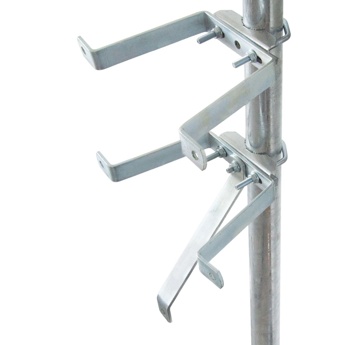 Metallhalterungen an einer silbernen Stange. Die Halterungen haben eine U-Form und sind verschraubt.