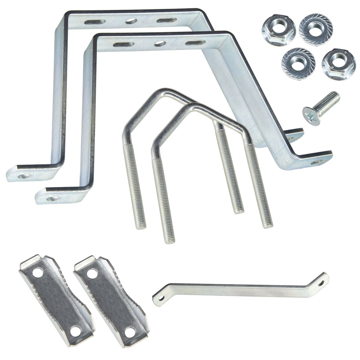 Verschiedene Metallhalterungen, Schrauben und Muttern sind auf weißem Grund angeordnet.