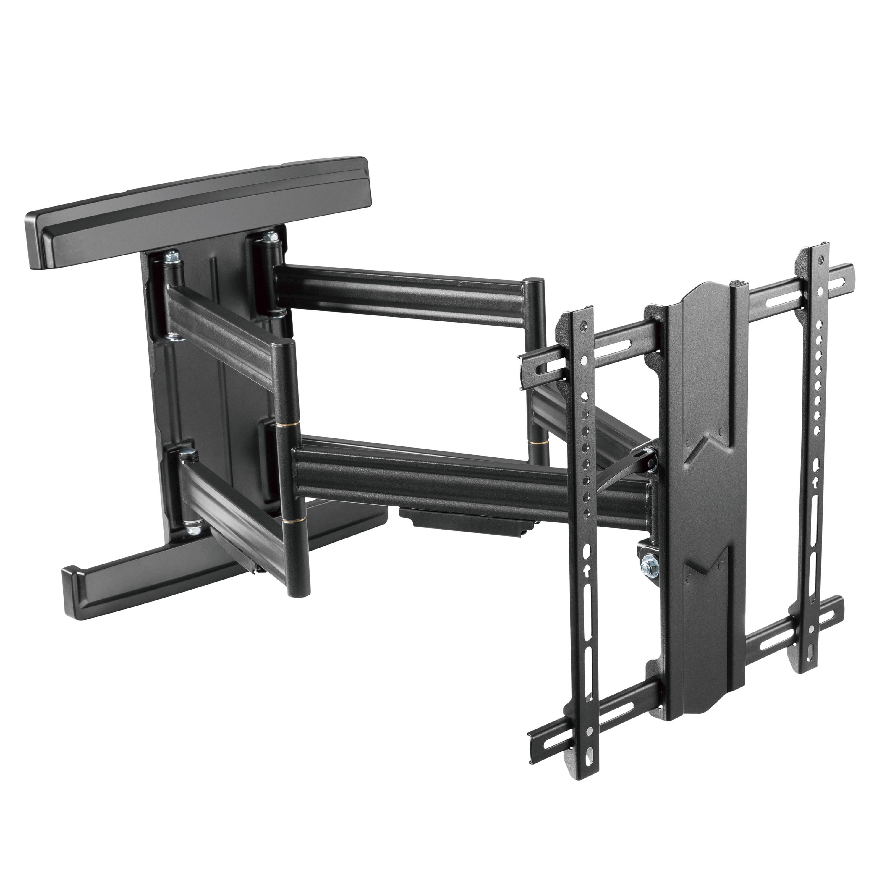 Schwarze TV-Wandhalterung, verstellbare Arme und Montageplatten. Weißer Hintergrund.