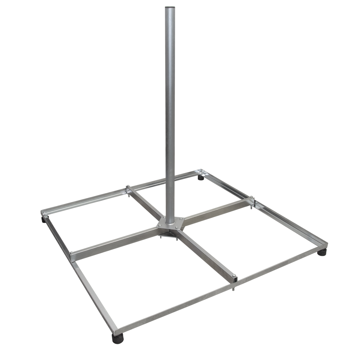 Silberner Metall-Sonnenschirmständer auf Weiß, mit zentraler Stange.