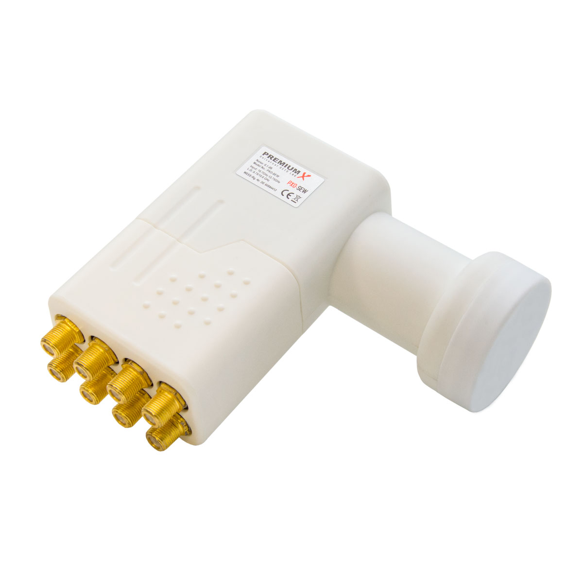 Weißes Satelliten-LNB. Es hat mehrere goldene Anschlüsse auf einer Seite und ein weißes Rohr auf der anderen.