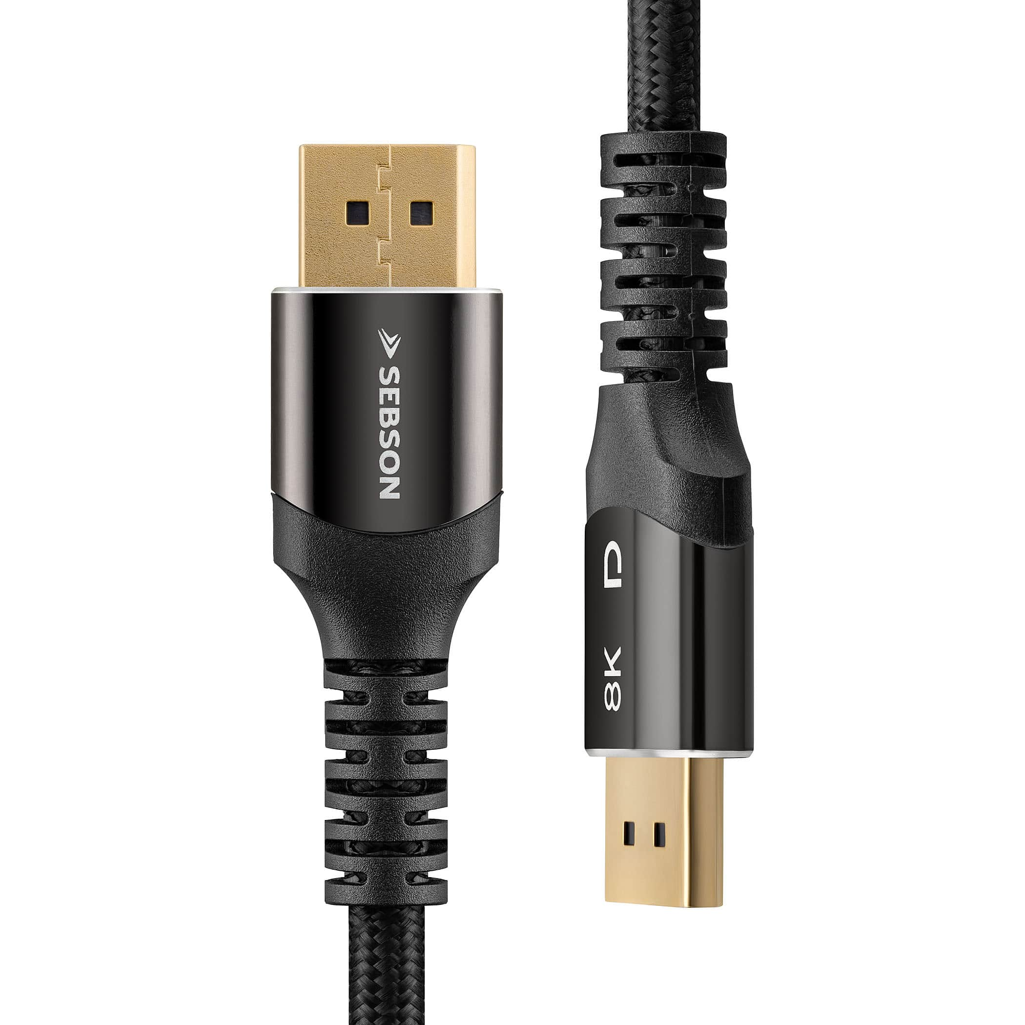 Ein schwarzes und goldenes HDMI-Kabel. Die Marke SEBSON ist auf dem Stecker sichtbar.