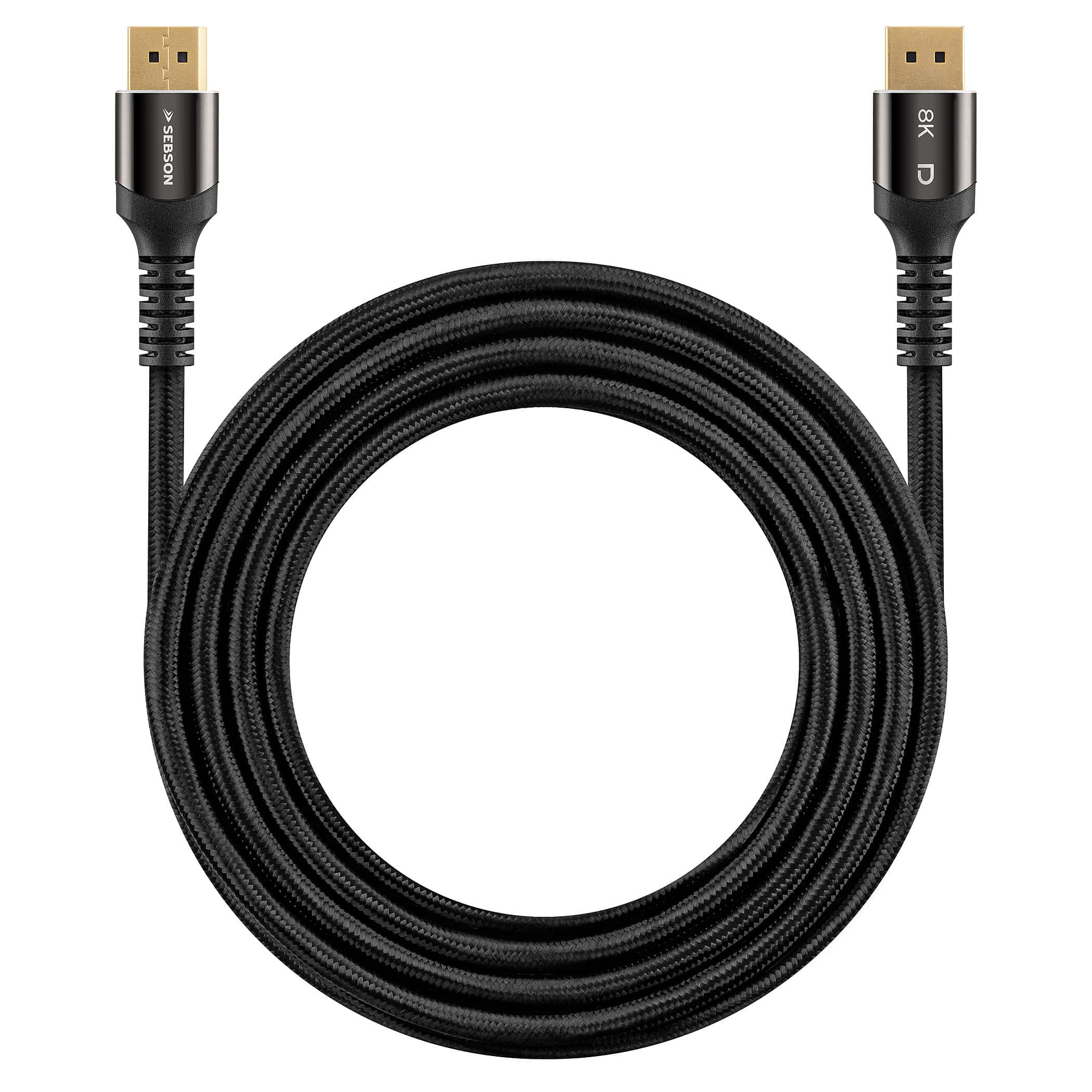 Ein schwarzes 8K DisplayPort-Kabel, auf einer weißen Oberfläche aufgerollt, mit Anschlüssen.