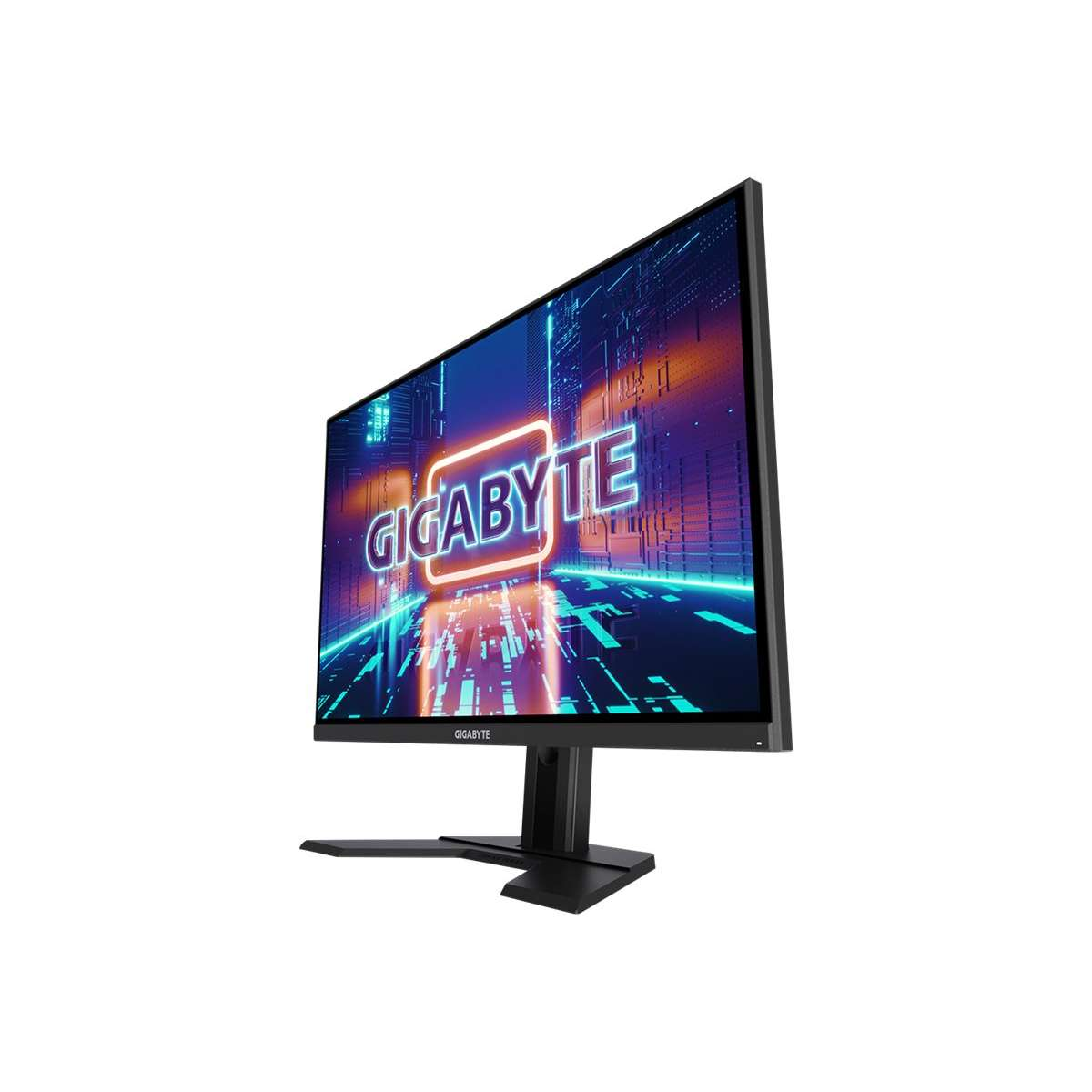 Ein schwarzer Computermonitor mit Gigabyte-Logo, auf einem schwarzen Ständer, auf weißem Hintergrund.
