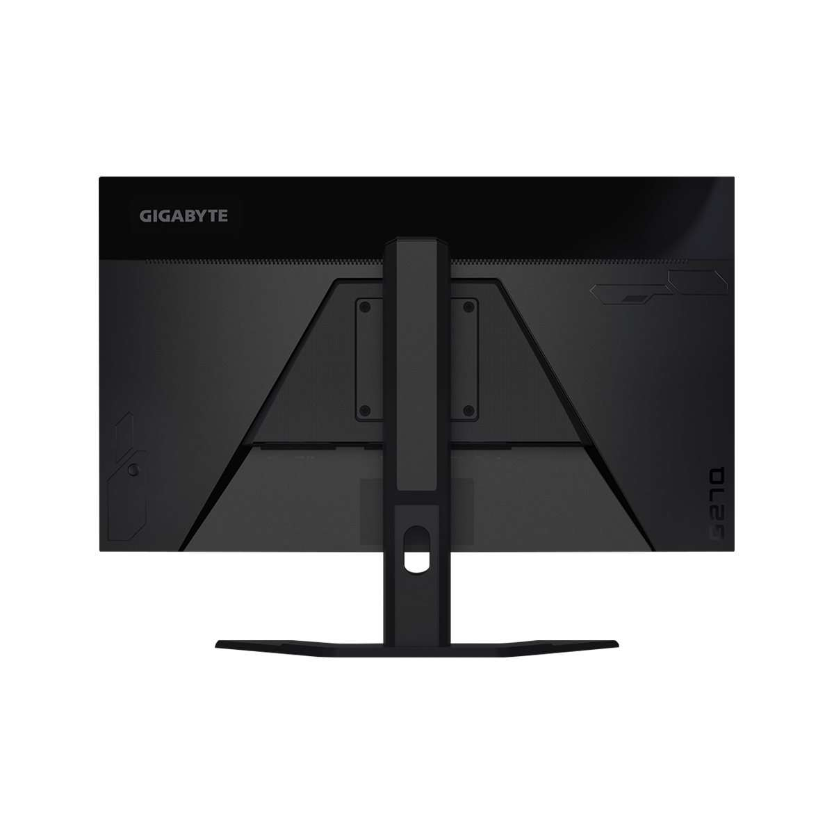 Rückansicht eines schwarzen Computermonitors mit GIGABYTE-Logo und Ständer.