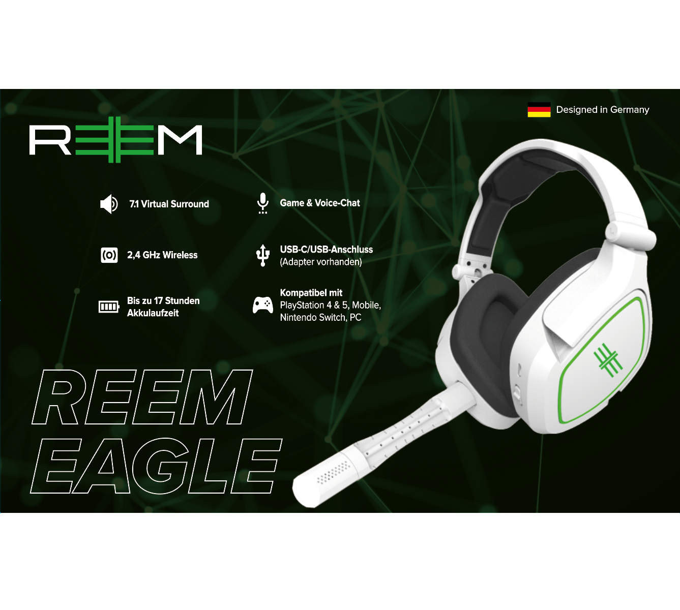 Schwarz Over-ear Headset Eagle Headset, REEM Gaming Wireless