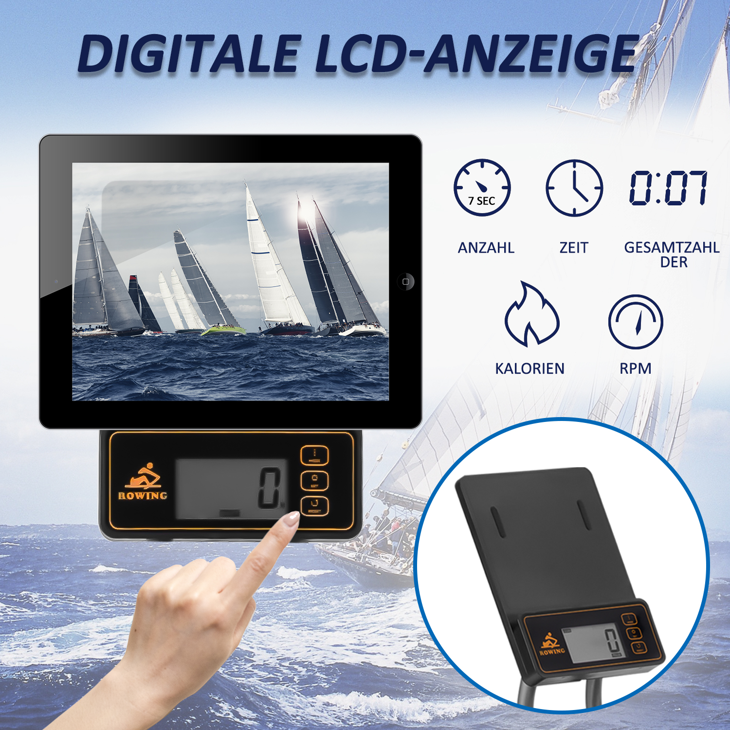 Ein Tablet zeigt Segelboote auf dem Wasser. Es gibt eine Rudermaschinenanzeige, die Metriken anzeigt.
