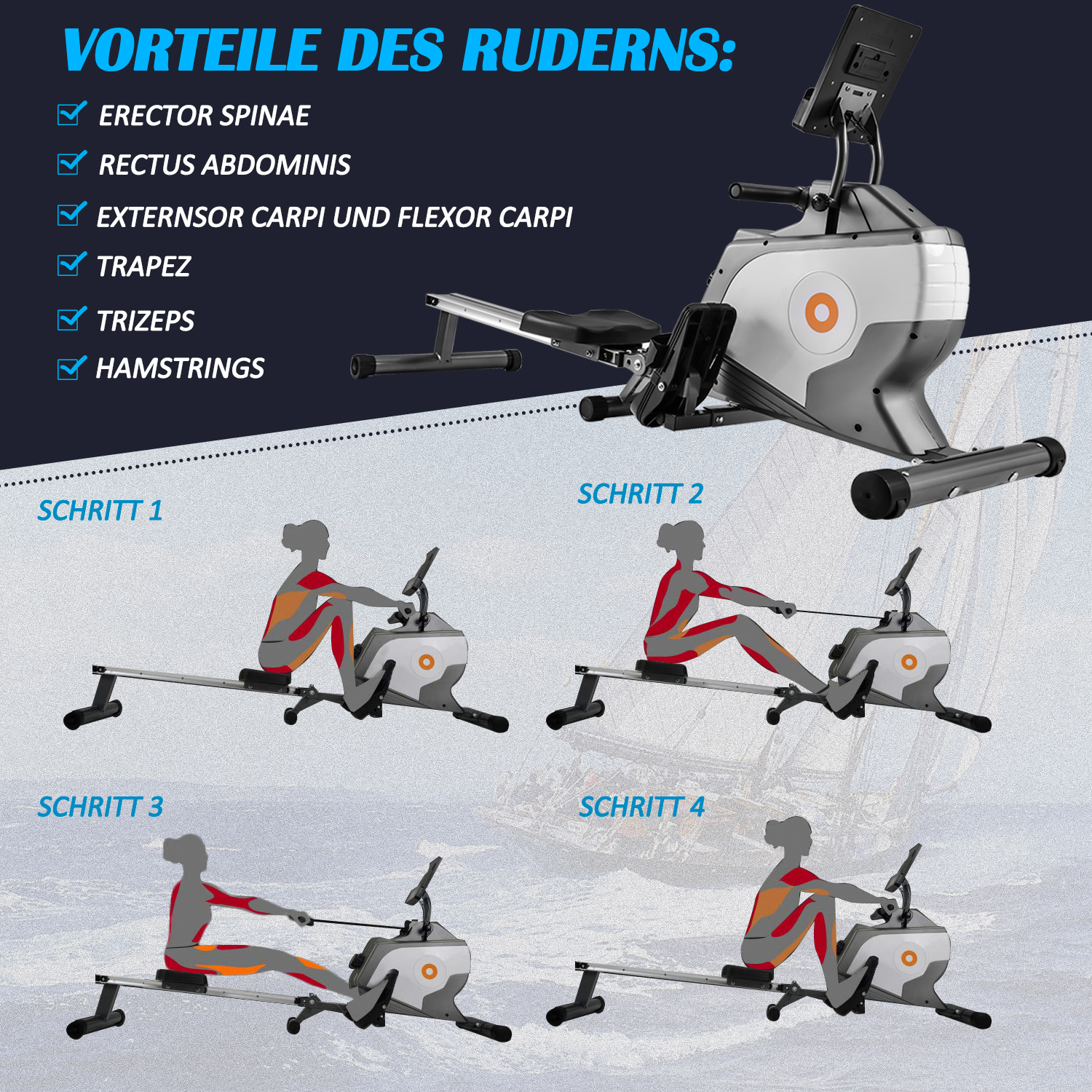 Rudergerät und Trainingsschritte. Weißer Hintergrund.