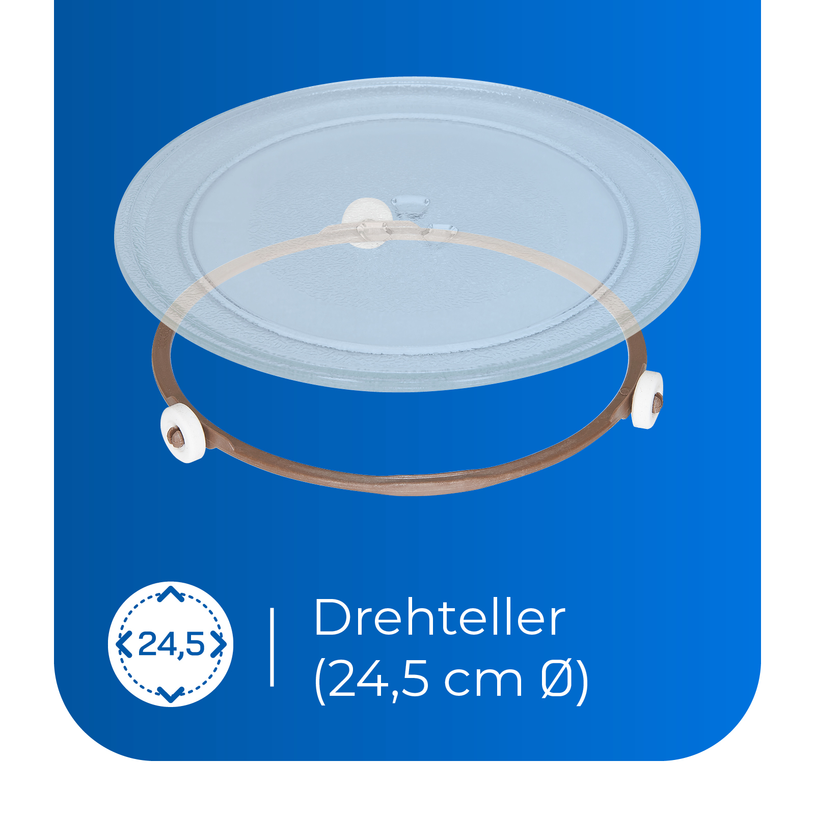 Ein transparenter Mikrowellenteller mit braunem Drehring und weißen Stützen, auf blauem Hintergrund.