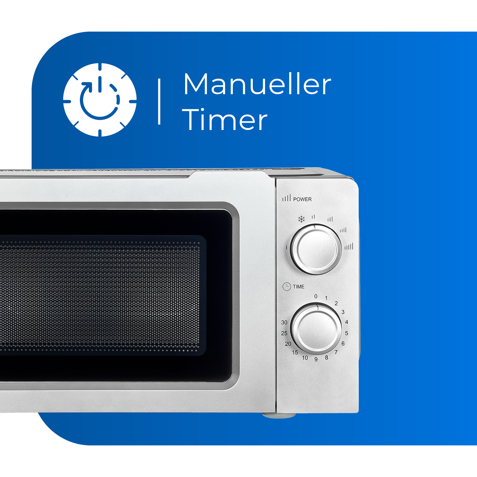 Eine weiße Mikrowelle mit Knöpfen und einem Timer. Blauer Hintergrund mit den Worten 'Manueller Timer'.