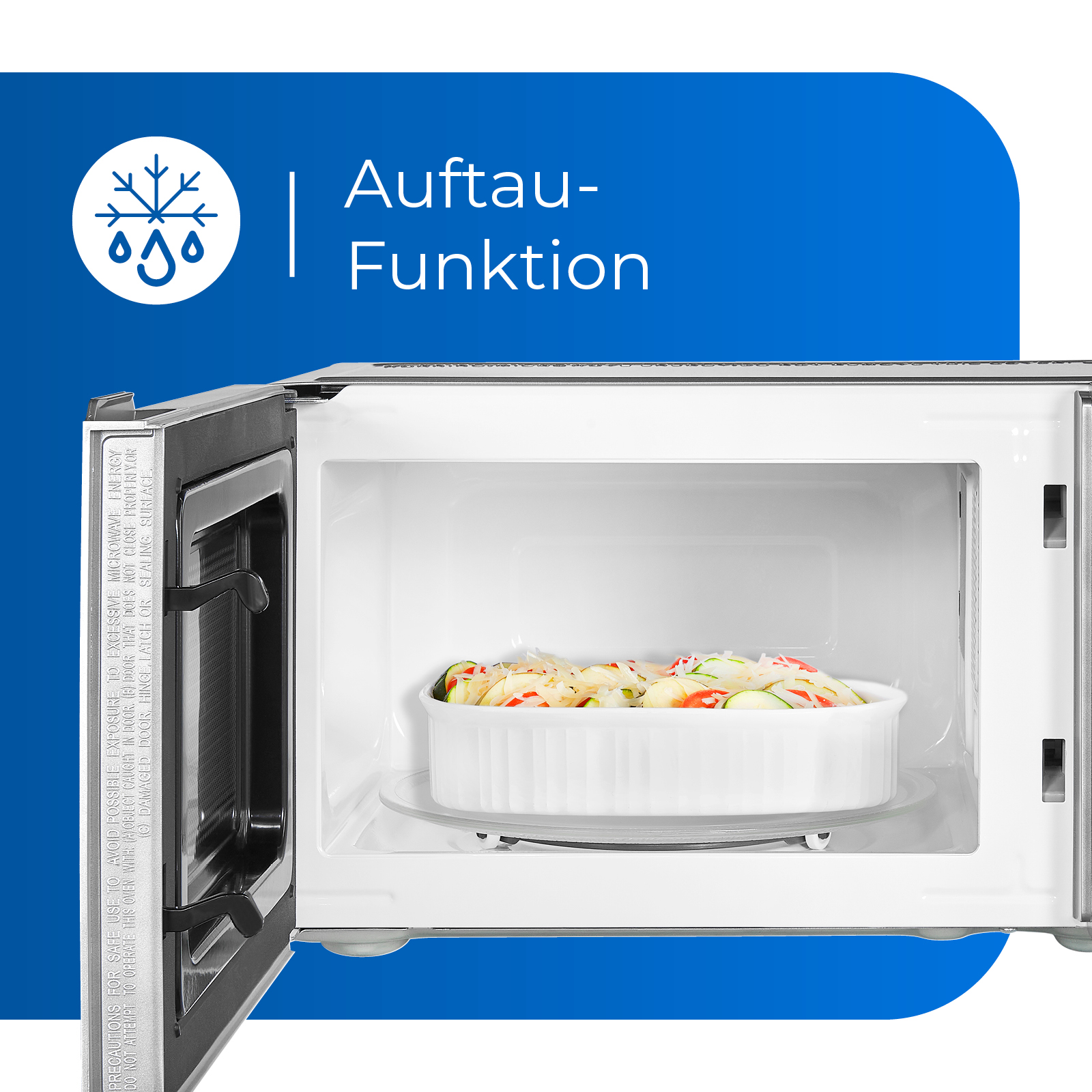 Mikrowelle mit offener Tür, zeigt ein Gericht mit Essen. Text lautet 'Auftau-Funktion'.