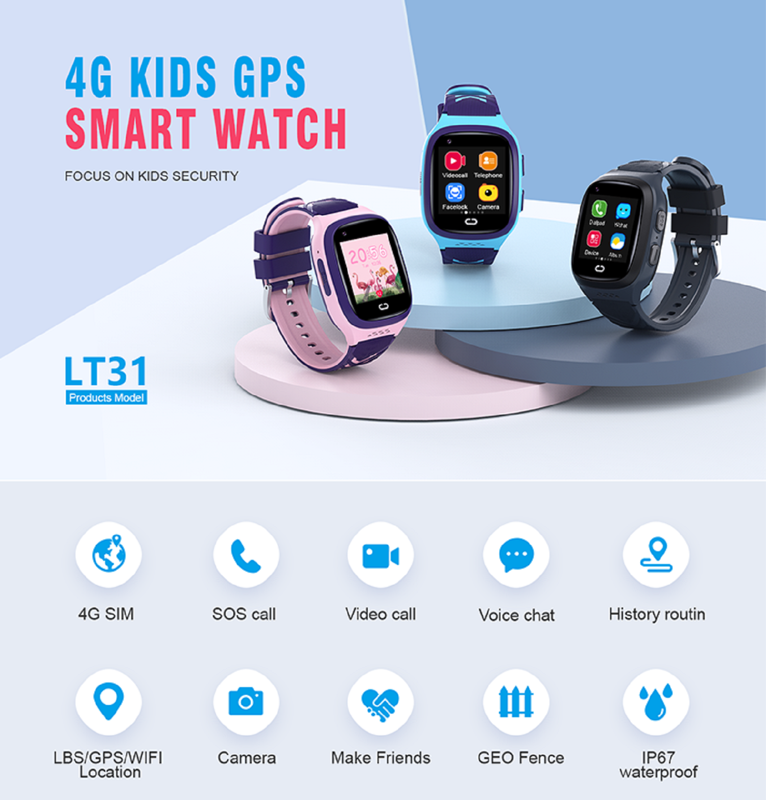 Smartwatch per bambini. Tre orologi di diversi colori su una superficie con icone sottostanti.