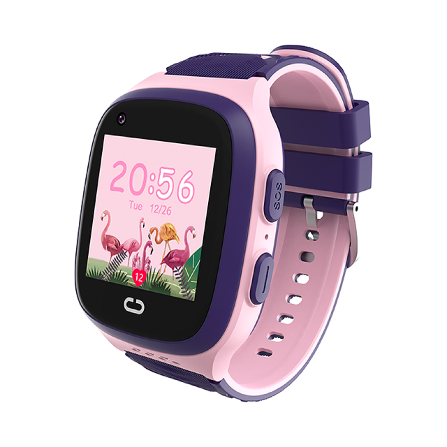 Uno smartwatch rosa e blu che mostra l'ora e un'immagine di fenicotteri sullo schermo.