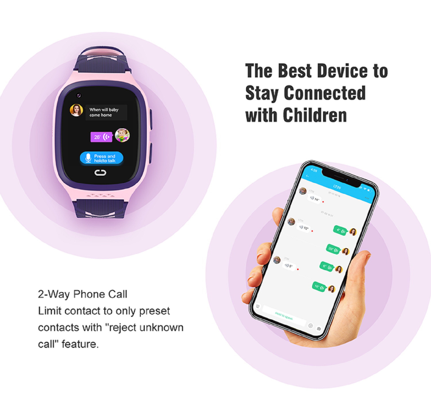 Uno smartwatch rosa e un telefono che mostra una chat con un bambino. L'orologio è su uno sfondo viola.