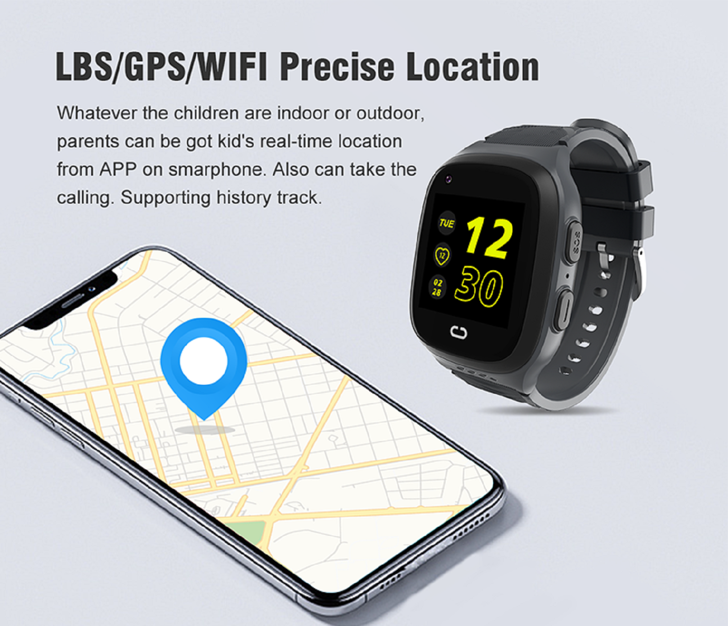 Uno smartphone mostra una mappa con un indicatore di posizione blu. Un orologio intelligente è accanto.