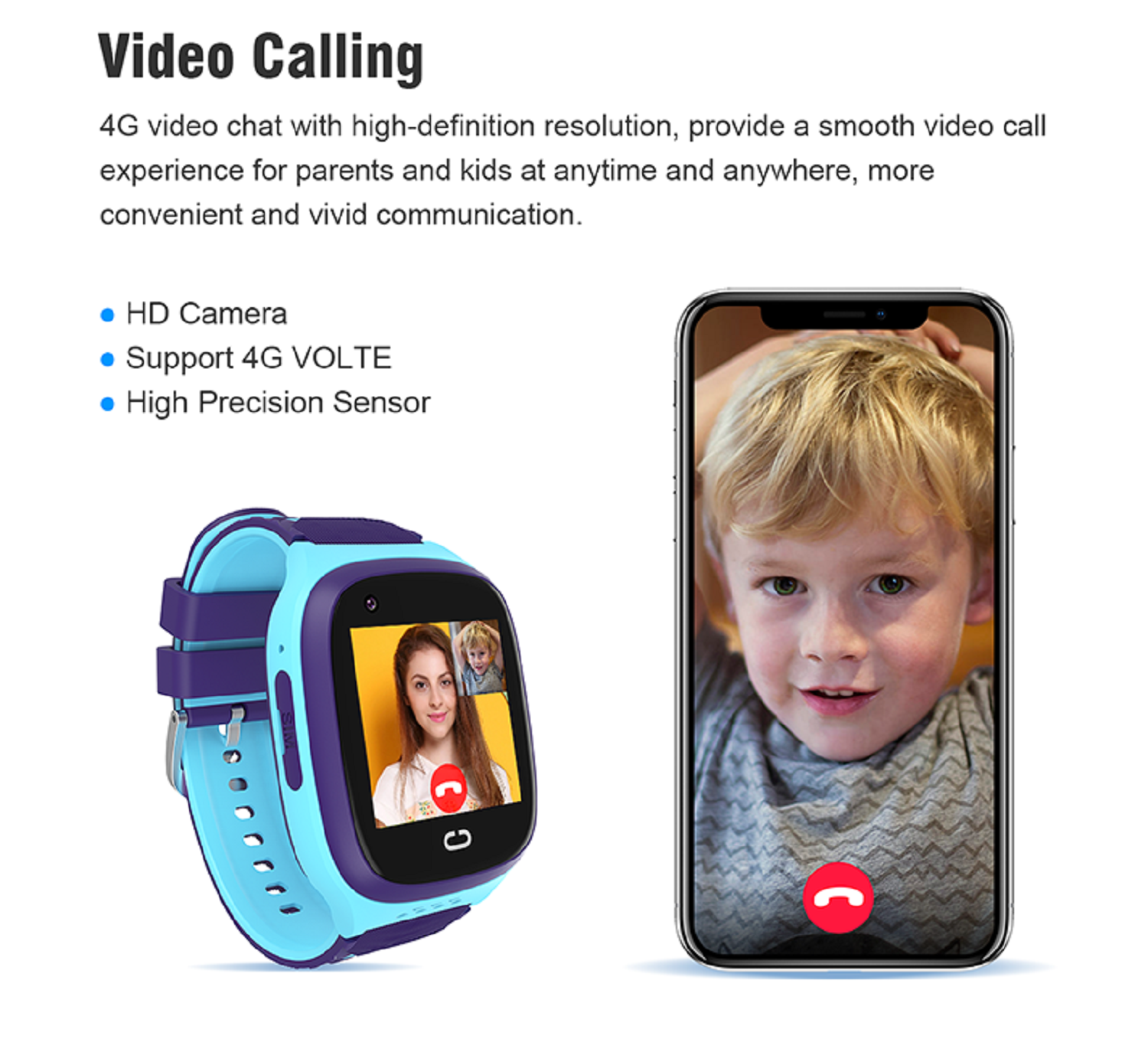 Uno smartwatch che mostra una videochiamata con un bambino e uno smartphone che mostra la stessa cosa.