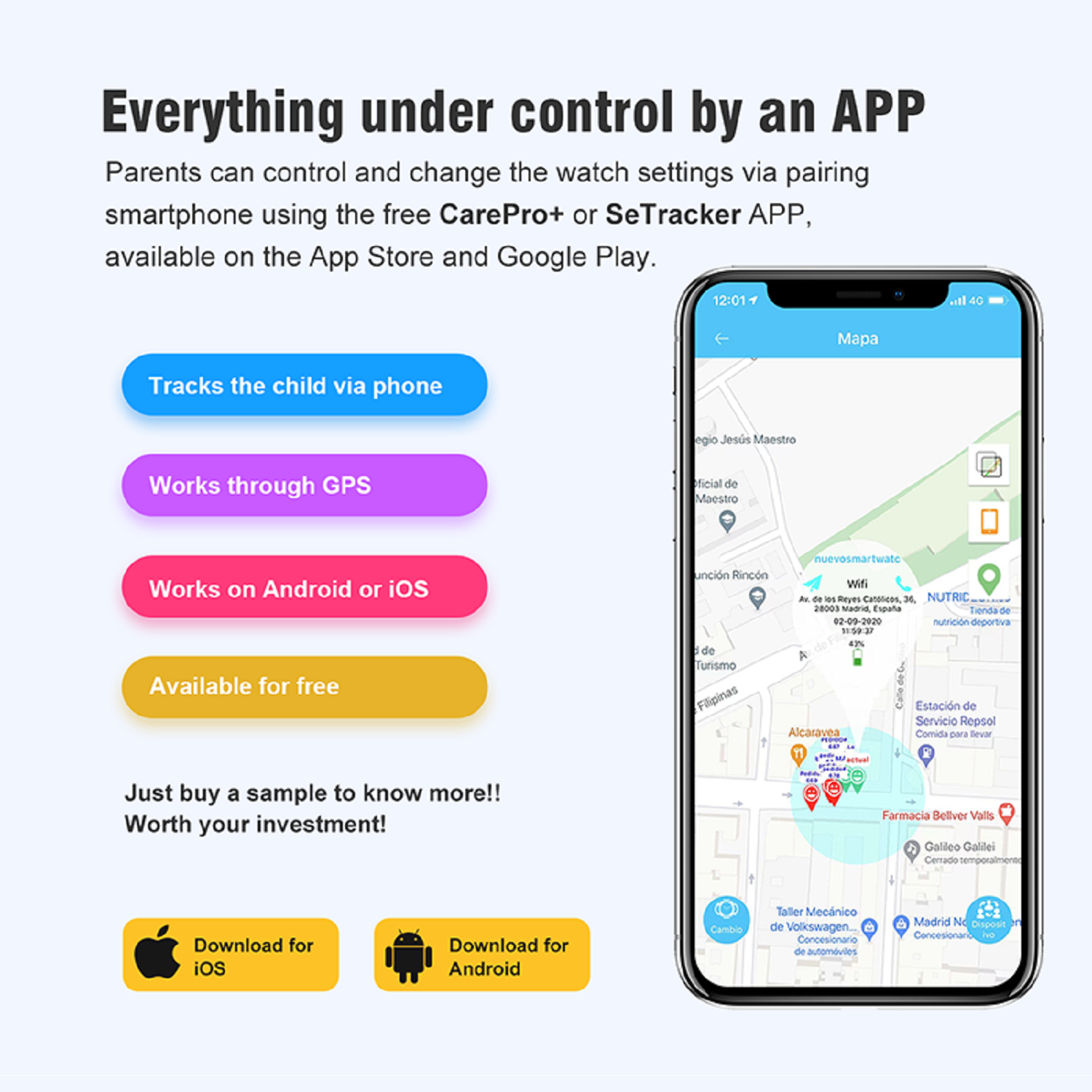 Interfaccia dell'app che promuove il monitoraggio dei bambini. Include GPS, compatibilità Android/iOS e accesso gratuito.