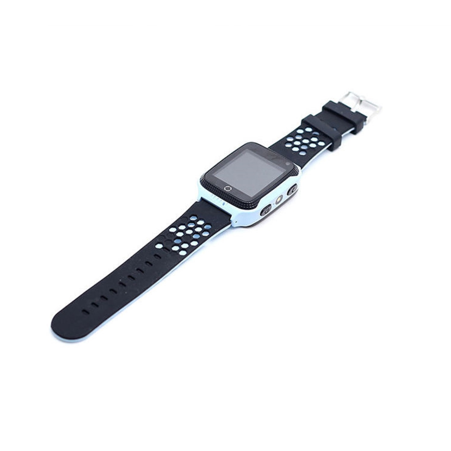 Smartwatch con cinturino blu e schermo nero. L'orologio è su una superficie bianca.