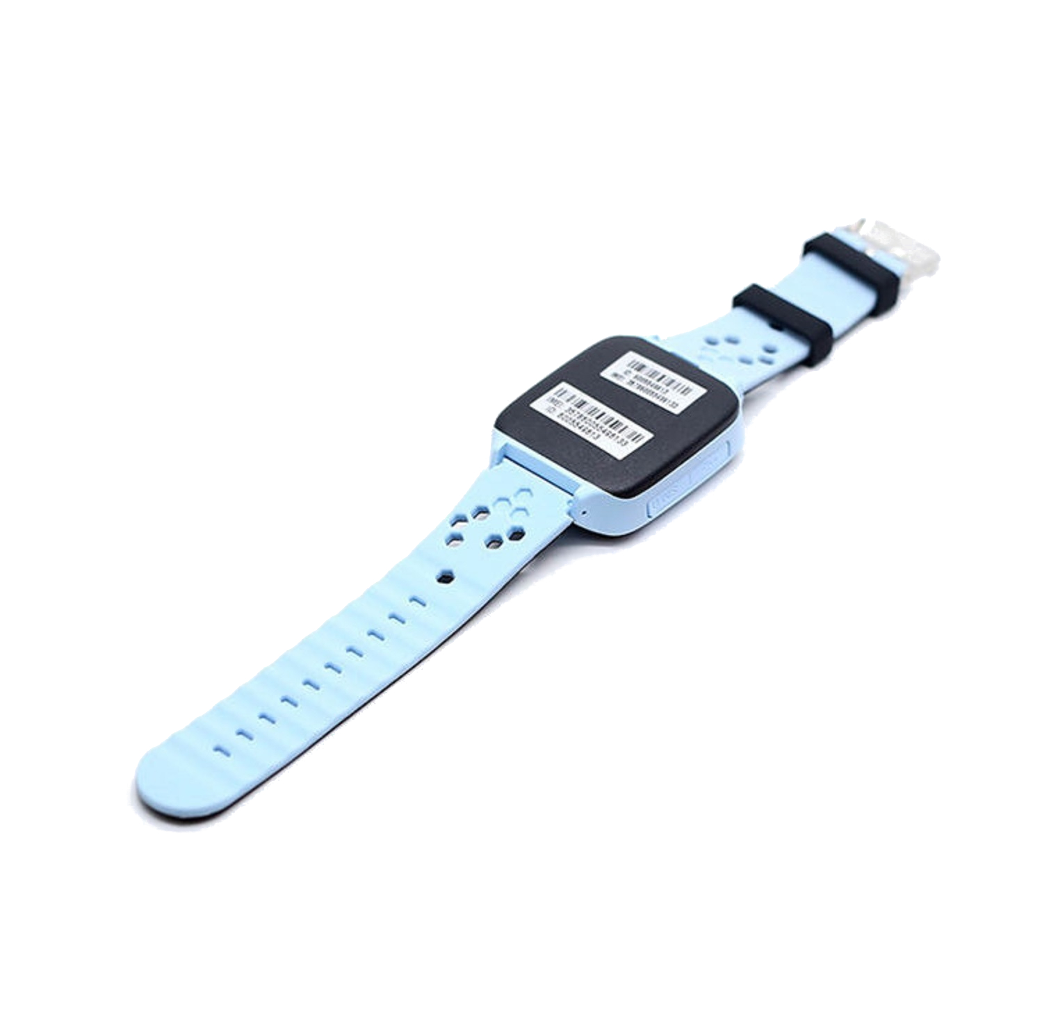 Smartwatch azzurro su sfondo bianco, con cinturino nero e azzurro.