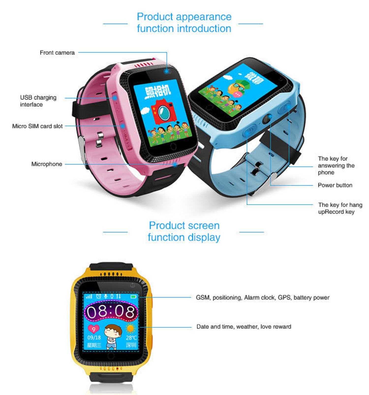 Smartwatch su sfondo bianco. Orologi rosa e blu con touchscreen ed etichette.