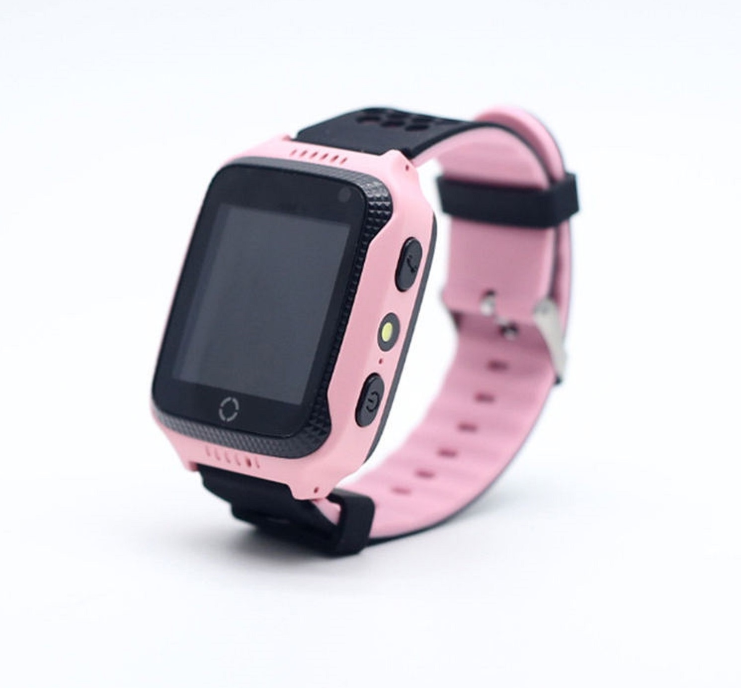 Smartwatch rosa con cinturino nero, su superficie bianca, con display nero.