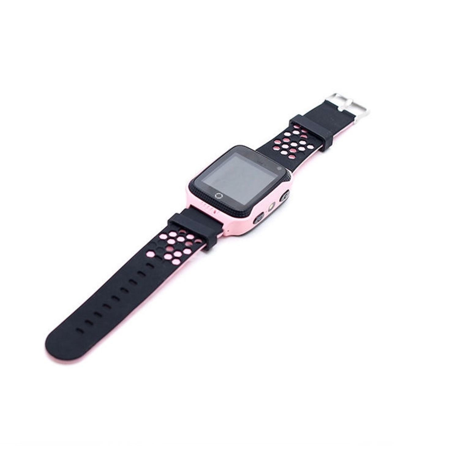 Uno smartwatch rosa e nero con cinturino, isolato su una superficie bianca.