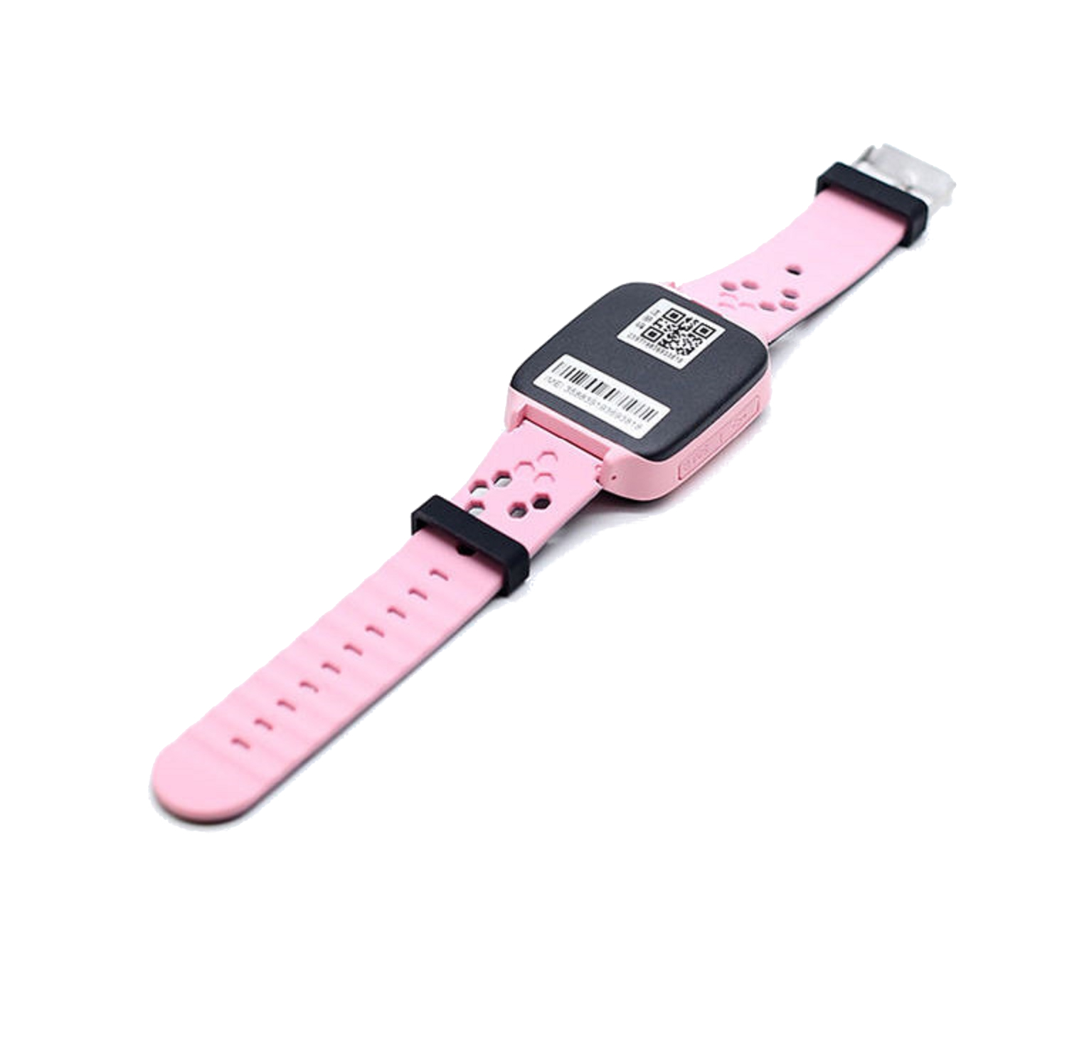 Smartwatch rosa su bianco. Ha cinturino rosa, quadrante nero e codice QR.