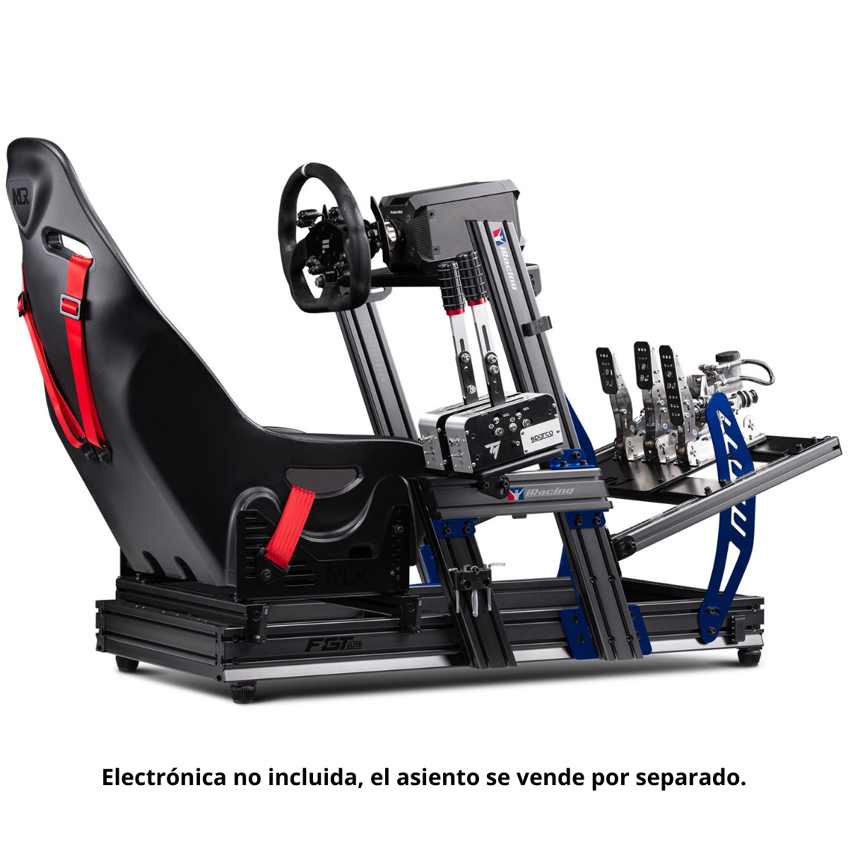 Simulador de carreras con asiento negro, volante y pedales. Estructura azul y negra.
