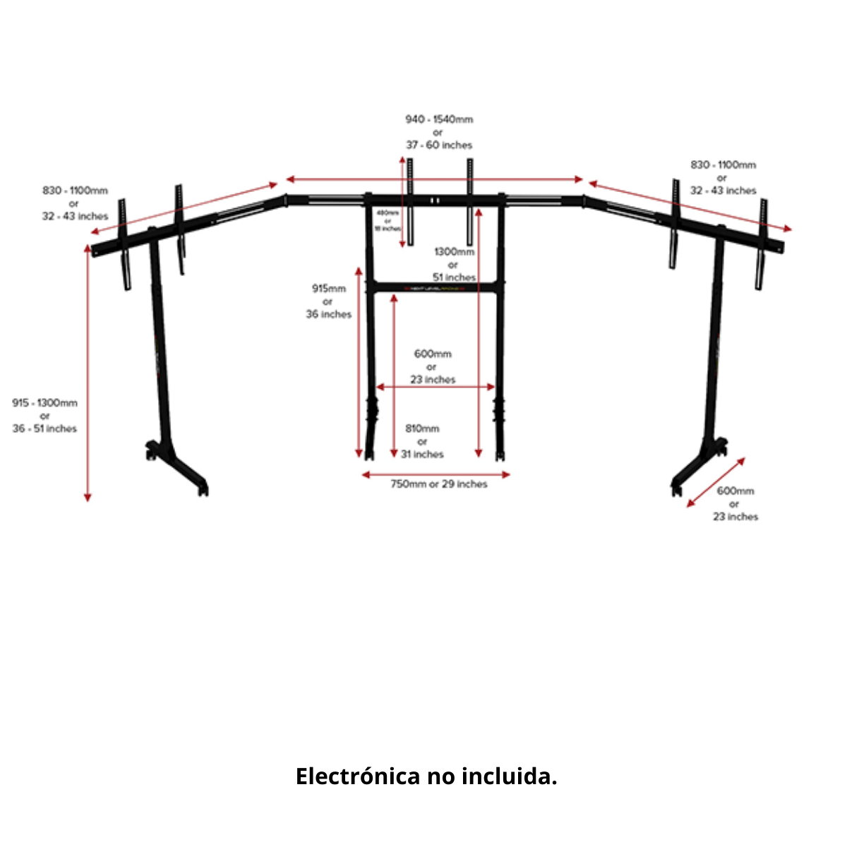 Diagramm eines Monitorständers mit Maßen in Zoll und mm, mit dem Text 'Elektronik nicht enthalten'.
