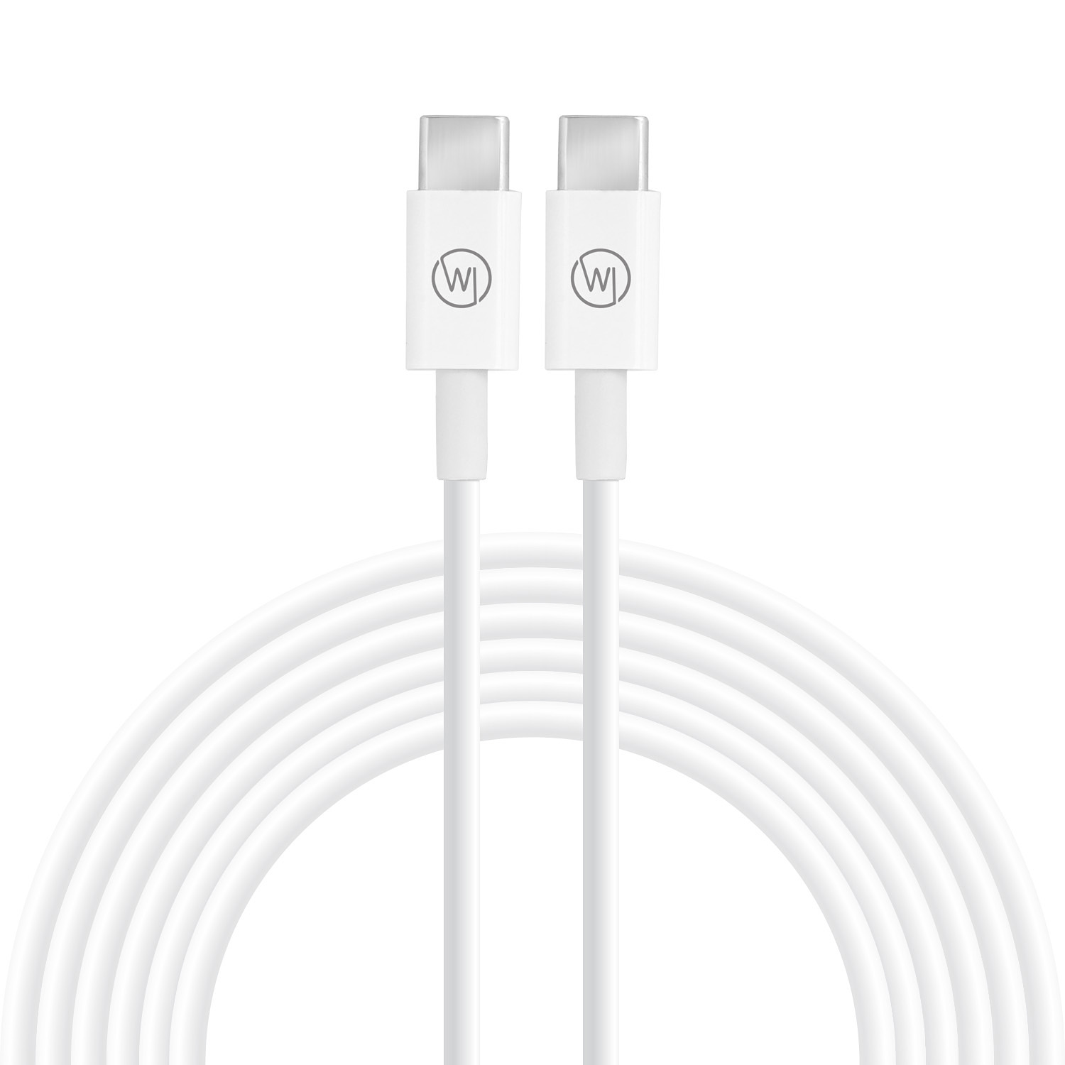 Zwei weiße USB-C-Kabel mit Anschlüssen und einem Logo. Kabel sind aufgerollt.