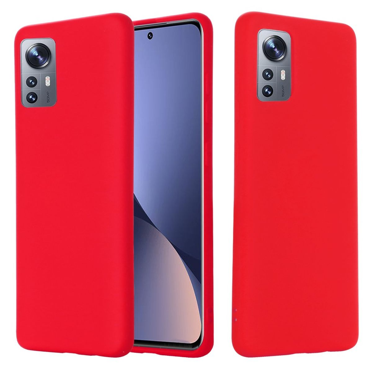 Rote Telefonhüllen. Zwei Hüllen sind abgebildet, eine davon offen mit Telefon. Weißer Hintergrund.