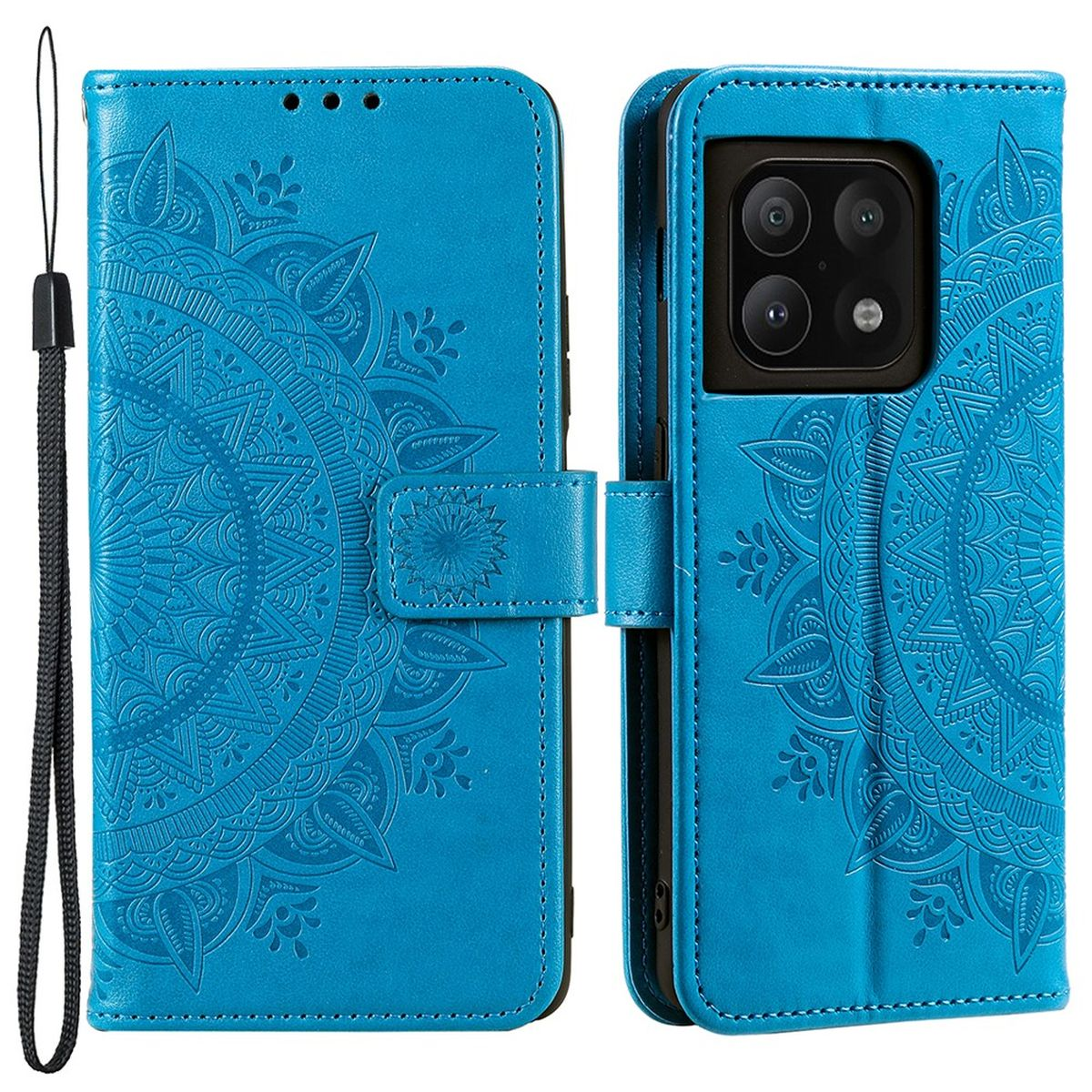 Blaue Handyhülle mit detailliertem Mandala-Design, geschlossen und geöffnet, das Telefon zeigend.
