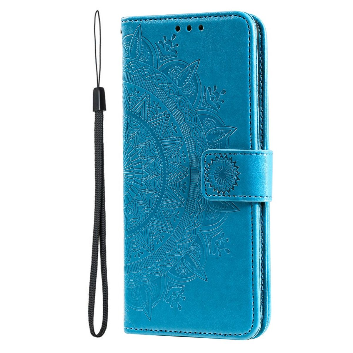 Eine blaue Handyhülle mit Mandala-Design. Sie hat einen Riemen an der Seite. Die Hülle ist geschlossen.