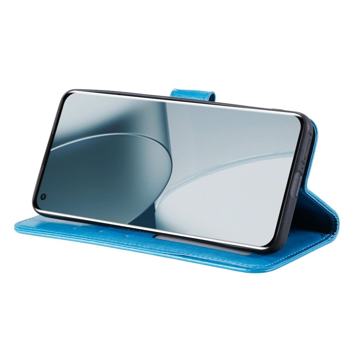 Offene blaue Handyhülle mit Telefon, das ein verschwommenes Hintergrundbild zeigt, auf weißer Fläche.