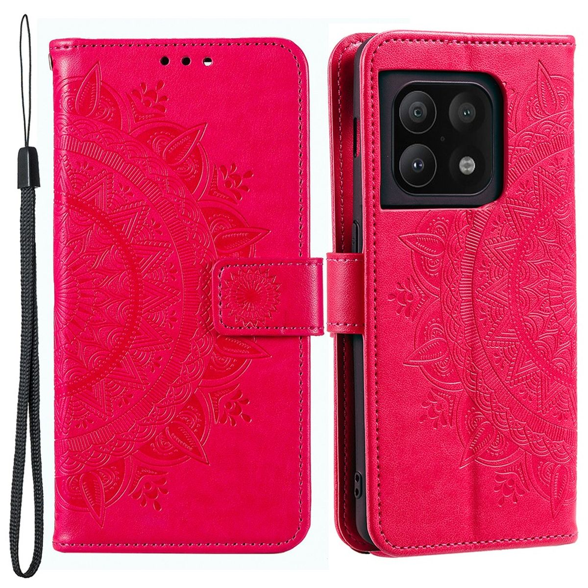 Rote Handyhülle mit Mandala-Design. Schwarzer Riemen befestigt. Telefon ist rechts.