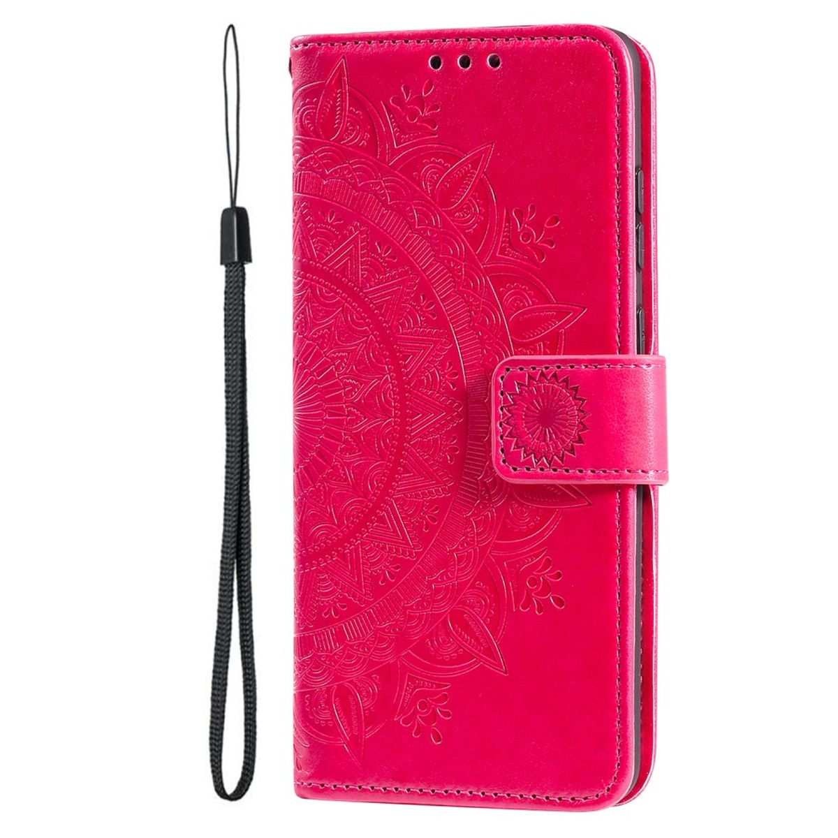 Rosa Handyhülle mit Mandala-Design, schwarzer Riemen. Weißer Hintergrund.