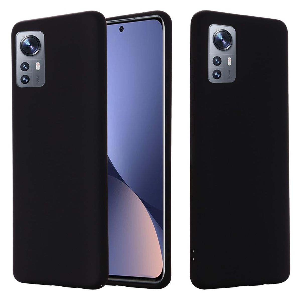 Schwarze Telefonhüllen; eine offen mit Bildschirm, zwei geschlossen mit Kamera.