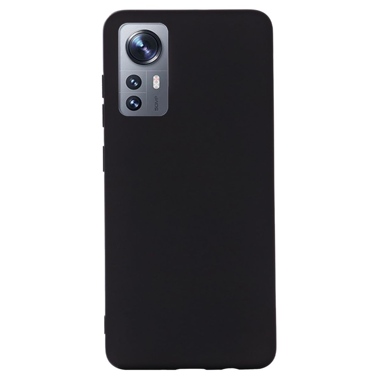 Schwarzes Smartphone mit drei Kameralinsen oben links und schwarzem Hintergrund.