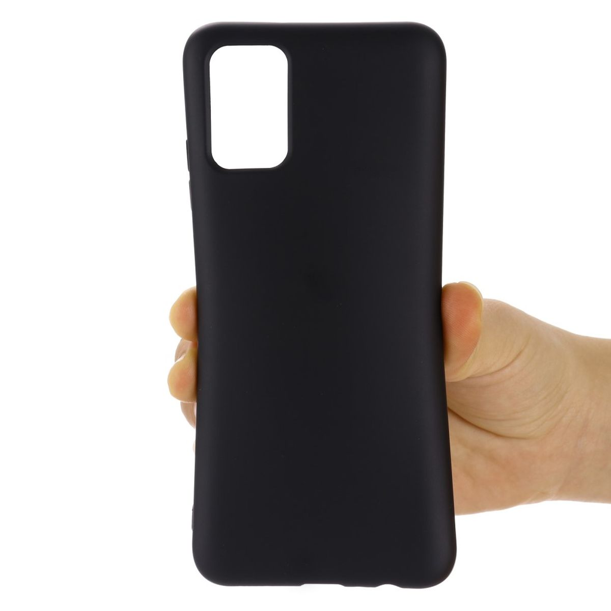 Hand hält eine schwarze Handyhülle mit Kameraausschnitt.