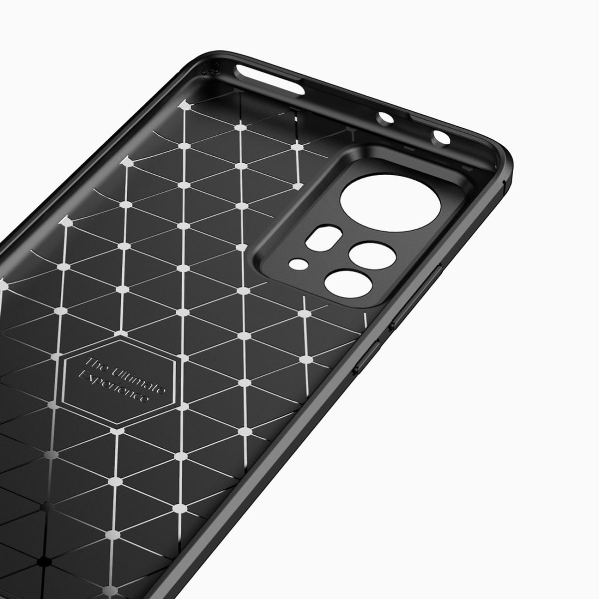 Schwarze Handyhülle mit geometrischem Muster. Auf der Hülle steht The Ultimate Experience.