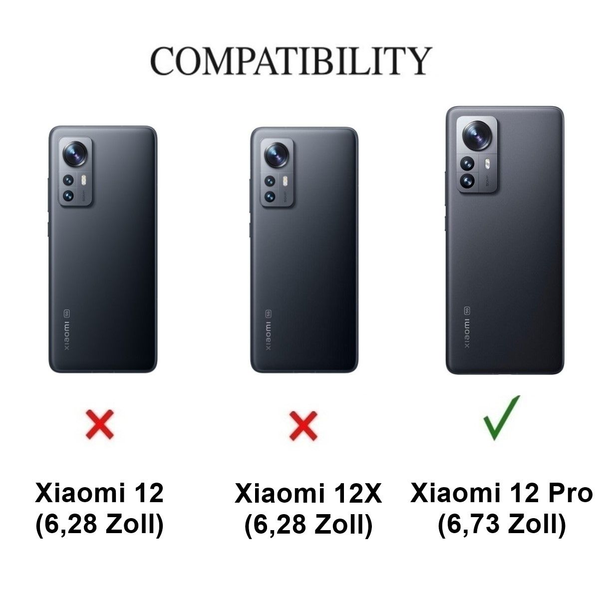 Drei Handy-Rückseiten, die die Kompatibilität für verschiedene Xiaomi-Modelle zeigen.