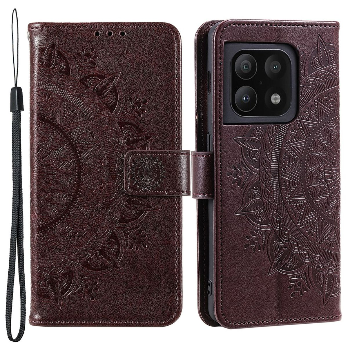 Eine braune Leder-Handyhülle mit Mandala-Design. Sie hat einen Riemen und einen Magnetverschluss.